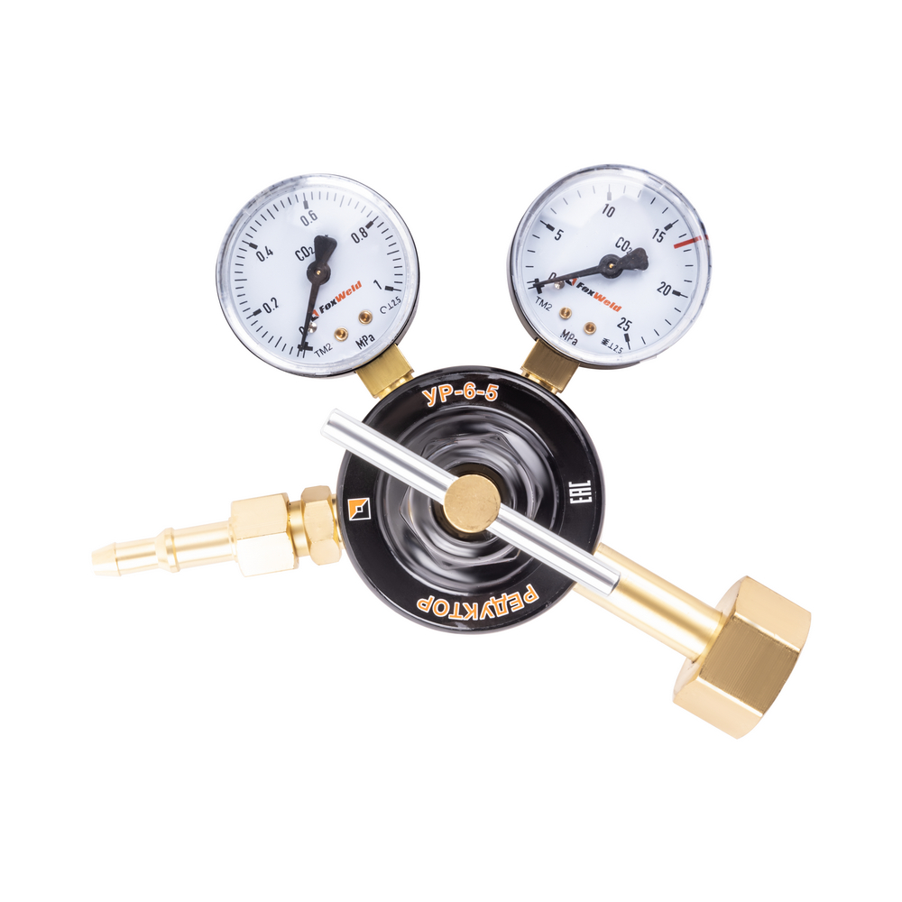 Редуктор FoxWeld УР-6-5 (углекислотный, 2 манометра,ЛАТУНЬ). Фото 2