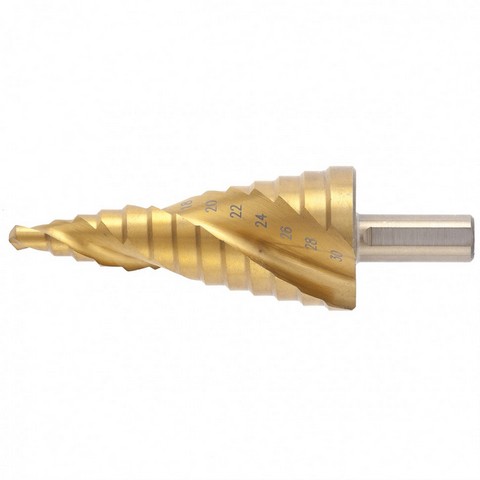 Сверло ступенчатое, 6-8-10-12-14-16-18-20-22-24-26-28-30 мм, HSS, спиральный профиль, трехгранный хв. Фото 1